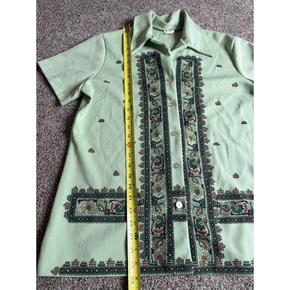 Vintage 70's Mint Green Floral Button Down Shirt Ugly Hippie Mod Retro Disco - Picture 4 of 5